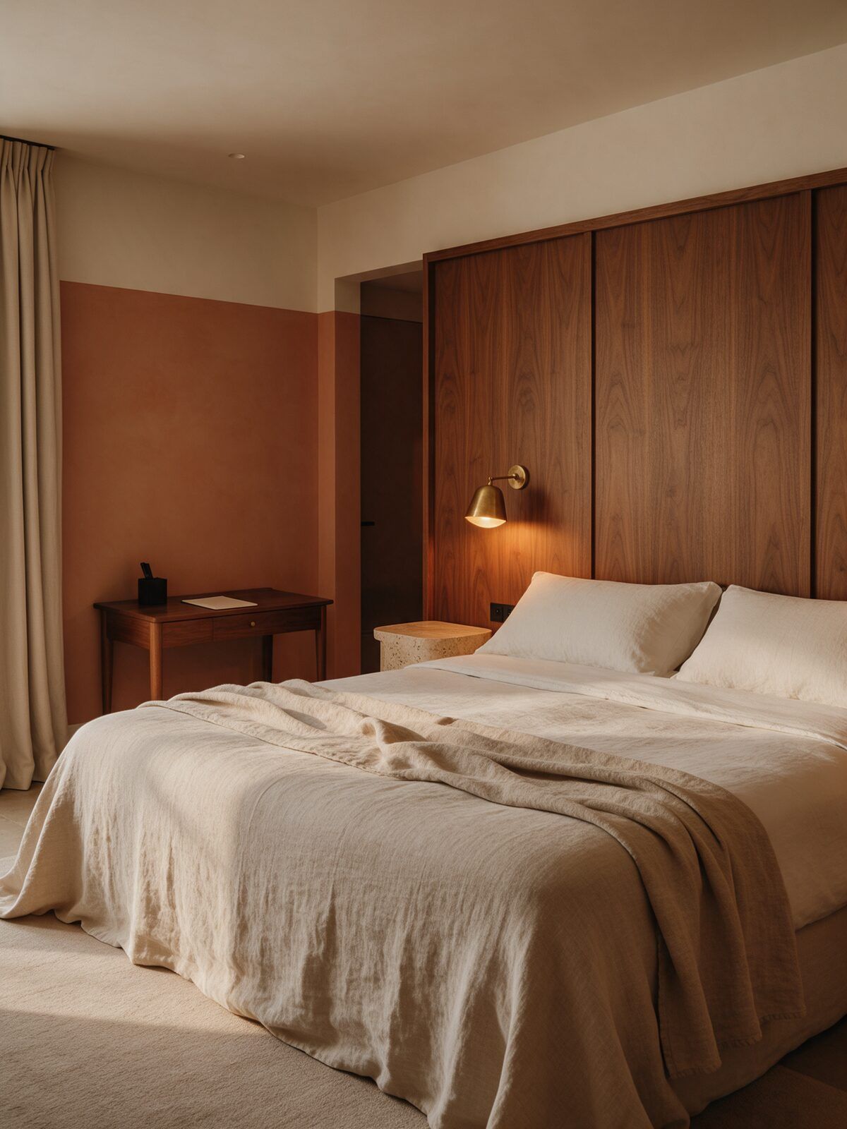 Ceviz panelli duvar, keten yatak ve pirinç aplikle otel odası